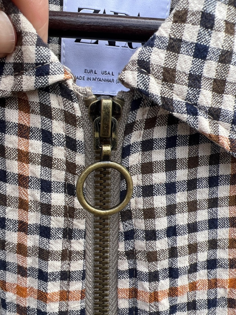 Zara Checked Bomber Jacket in Blue, White & Tan, Orange, and Olive Green - Picture 3 of 8